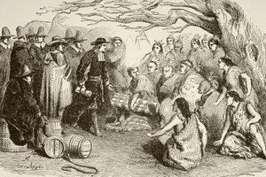 William Penn sluit een verdrag met de Delaware of Lenape Indianen in 1682 (litho)
