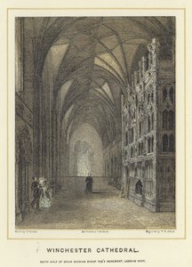 Winchester Kathedraal, zuid zijbeuk van het koor met het monument van Bisschop Fox, kijkend naar het westen door English School