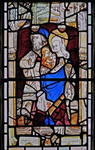 Raam Ew met St. Anna, Joachim, de Maagd Maria en het Christuskind door English School