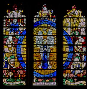 Raam N5 met het noordtransept raam: de Tenhemelopneming van de Maagd en andere scènes door English School