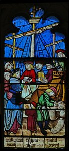 Raam SaEw met een scène uit een legende van St. Nicolaas: de graanschepen lossen in Myra door English School