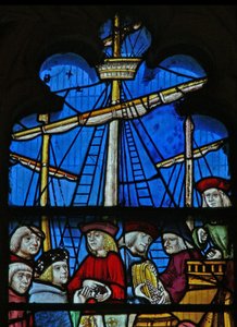 Raam SaEw met een scène uit een legende van St. Nicolaas: de graanschepen lossen in Myra