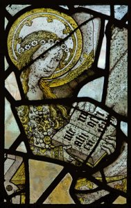 Raam met afbeelding van St. Anne die de Maagd Maria leert lezen - detail van de Maagd Maria (glas-in-lood) door English School