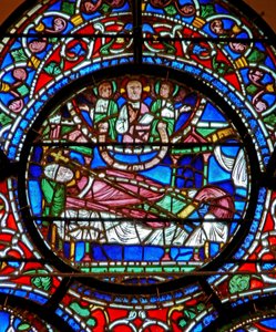 Raam met St. Dunstan die droomt dat hij de dag in de hemel zal doorbrengen