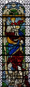 Raam w36 met St. Christoffel - een hybride figuur van Frans 16e-eeuws en Engels 15e-eeuws glas, samengesteld in 1956 door English School