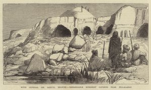 Met Generaal Sir Samuel Browne, opmerkelijke Boeddhistische Grotten bij Jellalabad (gravure) door English School