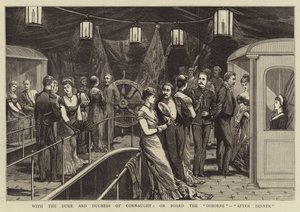 Met de Hertog en Hertogin van Connaught, aan boord van de "Osborne", "Na het diner" (gravure)