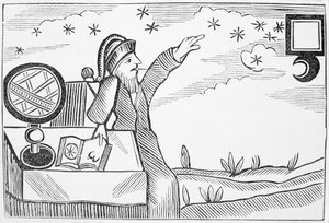 Tovenaar Raadpleegt de Maan en de Sterren, illustratie uit een verzameling chapbooks over esoterica door English School