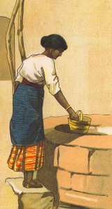 Vrouw haalt water uit een put in Sri Lanka (kleurenlitho) door English School