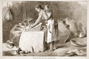 Vrouw van de westkust die maïs maalt, illustratie uit The Pictorial Edition of the Life and Discoveries of David Livingstone door J. Ewing Richie, uitgegeven door A. Fullarton & Co., 1876