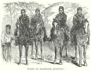 Vrouw te paard, Honolulu (gravure) door English School