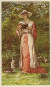 Vrouw die een boek leest in een tuin met konijnen door English School