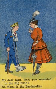 Vrouw verzorgt een gewonde soldaat (kleurenlitho)