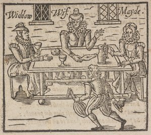 Houtsnede die vrouwen toont die rond een tafel zitten, een weduwe, vrouw en dienstmeid door English School