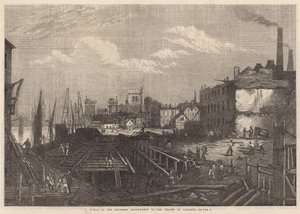Werken aan de zuidelijke Embankment van de Thames bij Lambeth