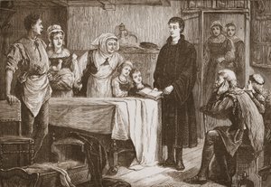 Jonge Calvijn legt de Bijbel uit aan een familie in Bourges, illustratie uit De Geschiedenis van het Protestantisme door James Aitken Wylie, gepubliceerd in 1878