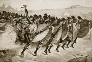 Zulus die oprukken om aan te vallen bij Kambula Hill, 29 maart 1879