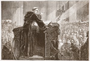 Zwingle preekt in de kathedraal van Zürich, illustratie uit De Geschiedenis van het Protestantisme door James Aitken Wylie, 1878