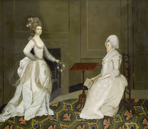 Twee dames in een interieur, een lezend, de ander met een bloemenkrans door English School, 18th Century