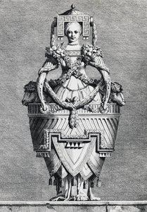 Antropomorfe vaas, Griekse bruid, gravure uit Mascarade la Grecque, Suite des Vases en Cheminees, Parma door Ennemond Alexandre (after) Petitot