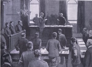 Een proces voor verraad in Bloemfontein, uit After Pretoria: The Guerilla War gepubliceerd door Harmsworth Bros Limited, 1901 door Enoch Ward
