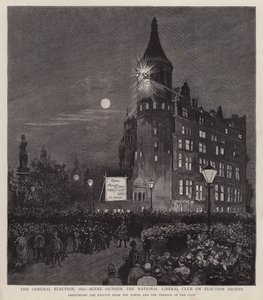 Aankondiging van de resultaten van de algemene verkiezingen van 1892 vanuit de Liberal Club, Westminster, Londen door Enoch Ward