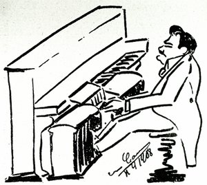 Zelfkarikatuur van lyrische zanger Enrico Caruso aan de pianola door Enrico Caruso