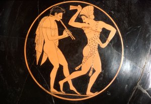 Drinkbeker, Kylix van meisje dansend met jongeman die fluit speelt, Attisch, ca. 510 v.Chr. door Epikektos