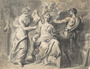 Een allegorie van de kunsten met Isis en geometrie die de driehoofdige figuur bijstaan, 17e eeuw door Erasmus Quellinus