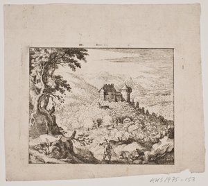 Bergachtig landschap met een kasteel en een wandelaar door Erasmus Sigismund Resch