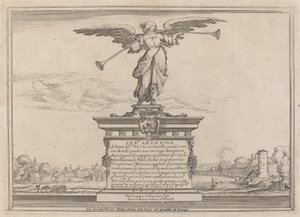 Opdrachtpagina met standbeeld van Fama
