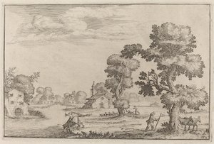 Dorp aan het meer met herders