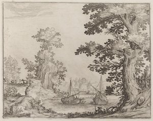 Landschap en Rivier met Geankerde Schepen door Ercole Bazicaluva