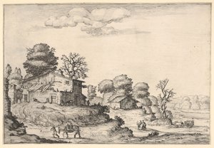Landschap met boerderijen en een man die een paard leidt op de voorgrond