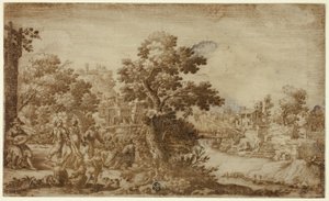 Landschap met dansers en muzikanten door Ercole Bazzicaluva