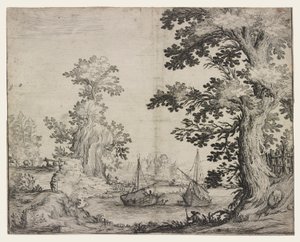 Landschap met een rivier tussen bomen en heuvels, twee schepen in het midden