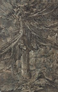 De grote spar. Berglandschap met een versterkte stad en een fort, een grote spar op de voorgrond