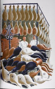 Een uitzicht binnen een slagerij. door Eric Ravilious