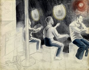 De duikcontrolekamer, tijdens de onderdompeling van de onderzeeër. Potloodserie door Eric Ravilious (1903-1942), aan boord van een onderzeeër tijdens de Tweede Wereldoorlog (1939-1945)