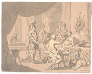 Antieke scène. Een voorname dame wordt versierd door andere dames voor een helmgedekte krijger