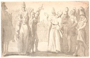 Figuratieve scène met een heilige, gehoornde man tussen Romeinse soldaten door Erik Pauelsen