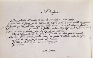 Manuscript voorwoordpagina van bladmuziek met tekeningen door Erik Satie