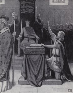 Harold Godwinson zweert een eed op heilige relikwieën om Willem, hertog van Normandië, te steunen (litho)