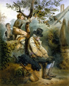 Kinderen stelen appels onder de neus van de slapende boer - lithografie door Grenier, ca. 1840 door Ernest (after) Grenier