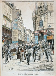Frankrijk, Parijs, Krantenverkoper in rue du Croissant op de hoek van rue du Faubourg Montmartre in Parijs door Ernest Grenier door Ernest (after) Grenier