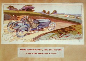 De Richard-Brasier auto bestuurd door Leon Thery tijdens de Gordon-Bennett race in de Auvergne in 1905, ca. 1910