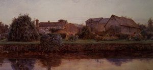 Een huis en boerderijgebouwen bij een rivier door Ernest Arthur Rowe