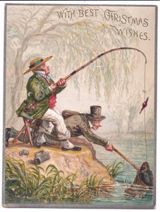 Victoriaanse kerstkaart van twee mannen die vissen bij de rivier, ca. 1880 door Ernest Henry Griset