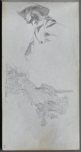 Schetsboek, pagina 27: Detailstudie voor "Op een terras" en landschapsstudie door Ernest Meissonier