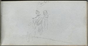 Schetsboek, pagina 38: Studie van een soldaat en figuur met hoge hoed door Jean Louis Ernest Meissonier